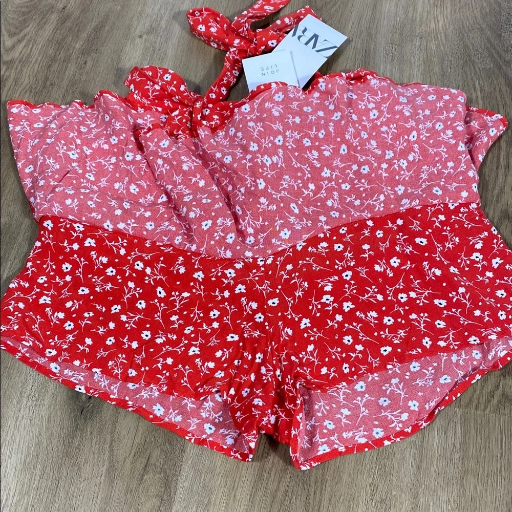 Zara Belted Mini Skort Red Floral Skater Skirt size medium